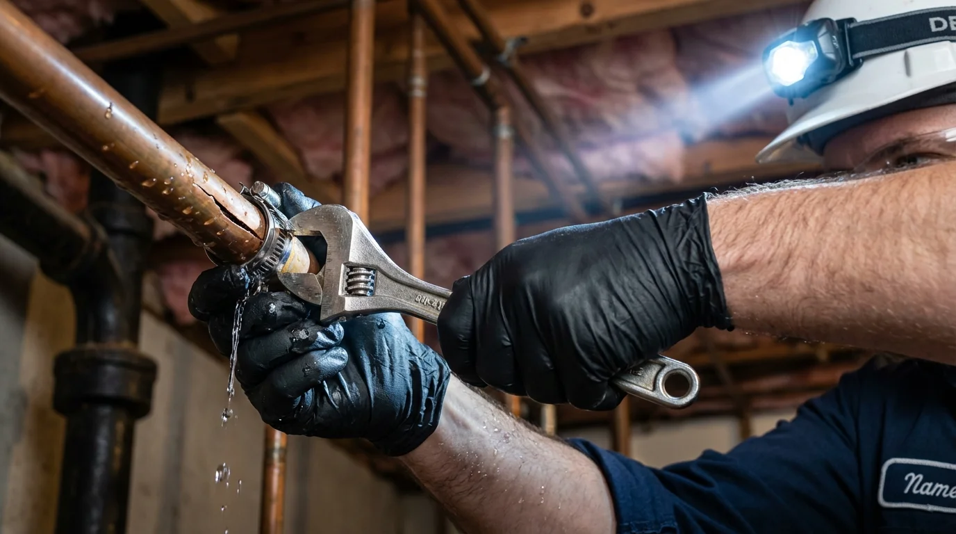 Emergency pipe clamp repair being performed by a Johns Plumbing LLC plumber in Norton