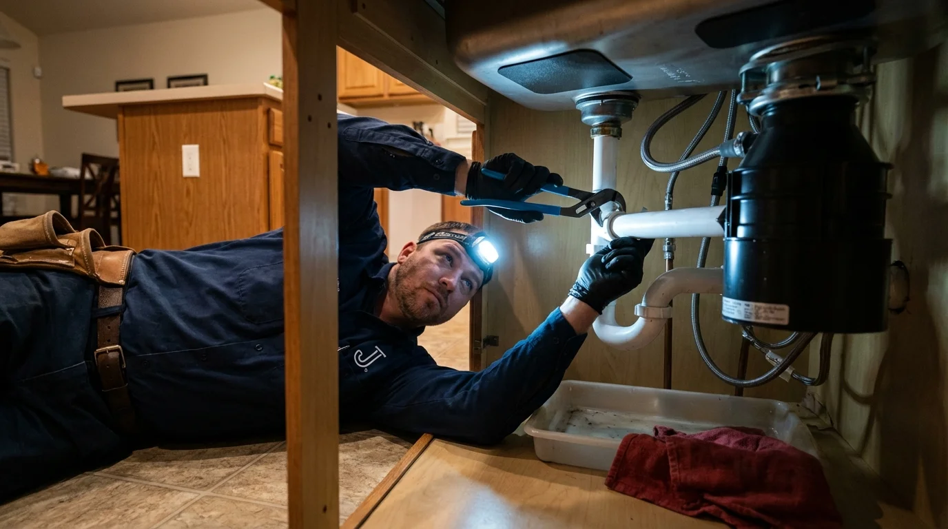 P-trap and supply line connections under a kitchen sink showing a common leak point in Norton, VA